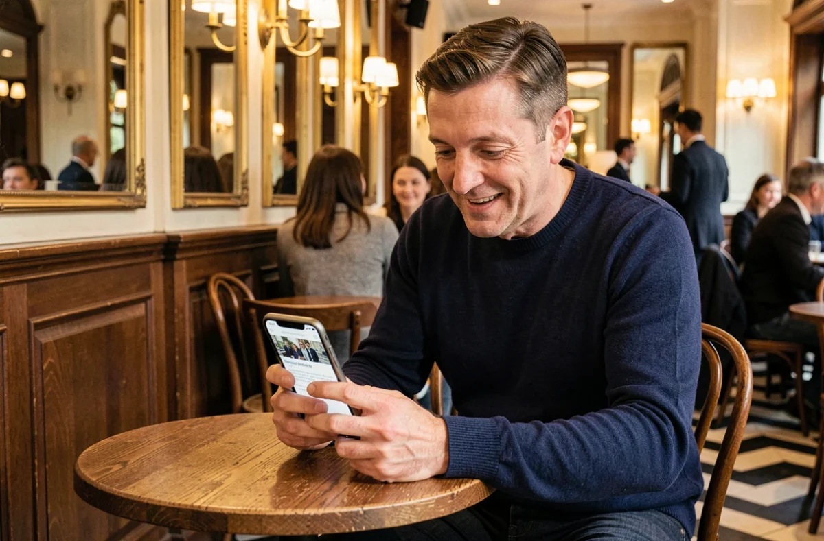 Homme recherchant des sorties OVS à Paris sur son smartphone dans un café parisien