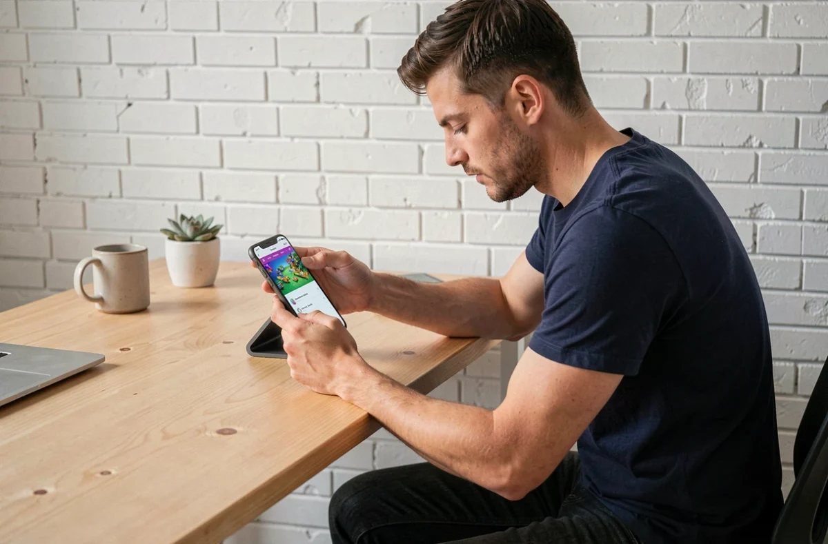 Homme consultant les paramètres cachés de Monopoly Go sur mobile depuis un bureau à domicile