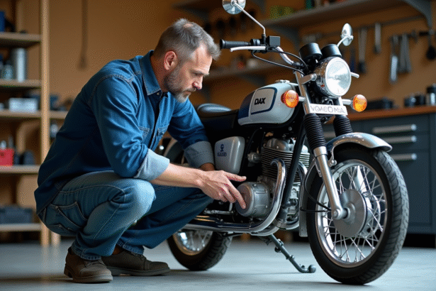 Homme vérifiant la chaîne d'une moto Dax dans un garage