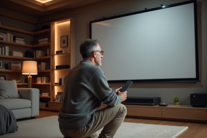 Homme d'âge moyen examinant une télécommande près d'un écran de projection