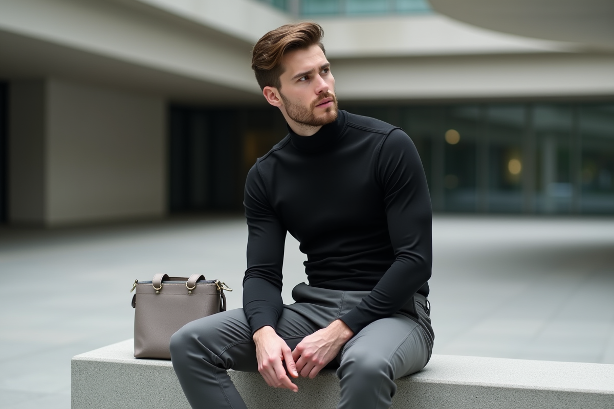 Homme en turtleneck assis dans une place urbaine minimaliste