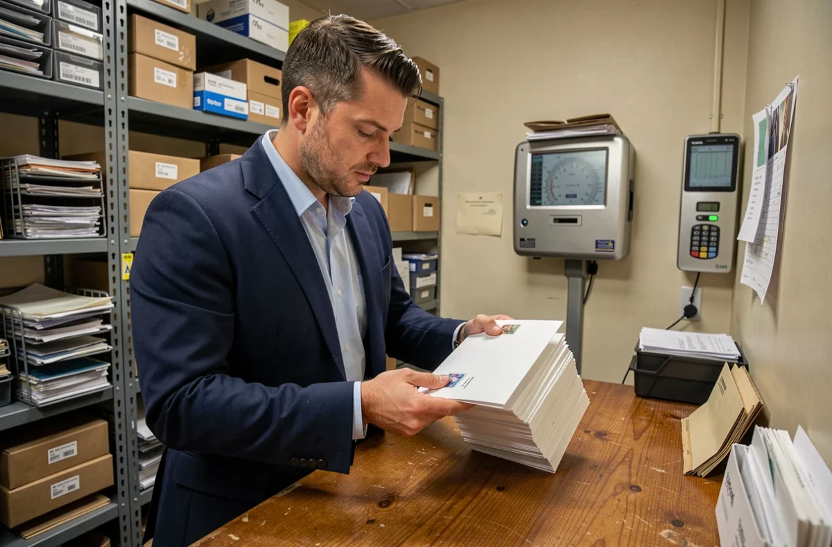 Homme en blazer marine inspectant le placement d'un timbre sur des enveloppes professionnelles dans une salle de courrier