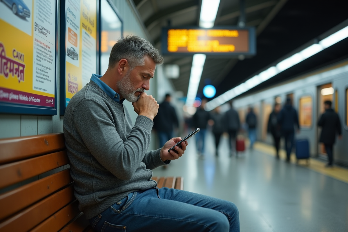 Homme attentif utilisant son téléphone à la gare