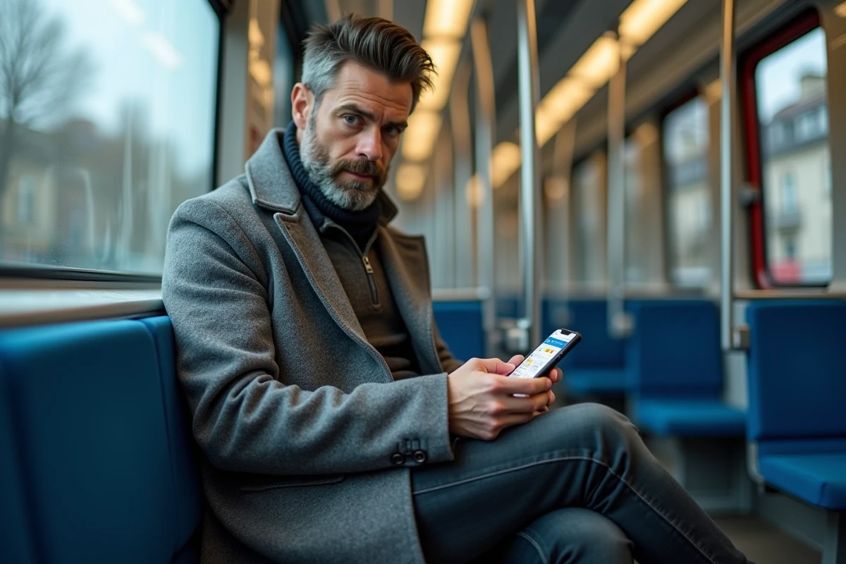 Homme dans un train RER consultant une application de plan de trajet Île-de-France sur smartphone