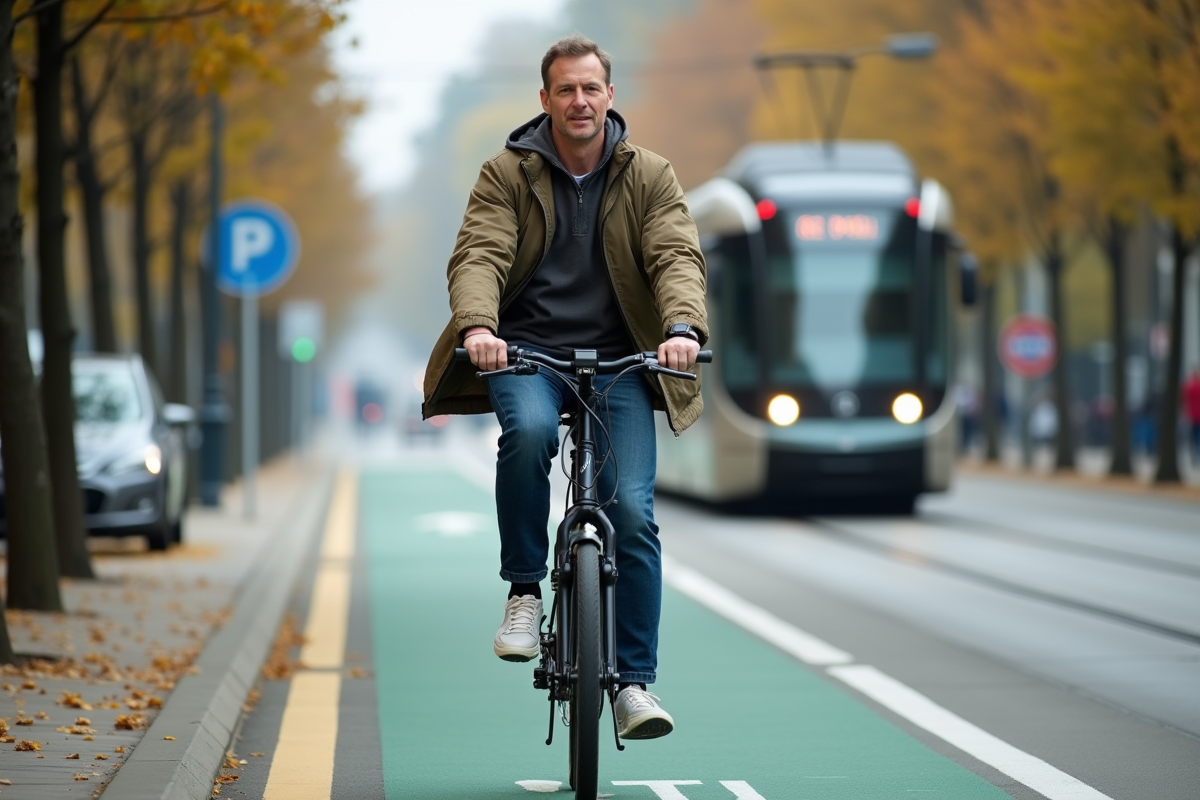 Homme à vélo électrique dans une rue urbaine moderne
