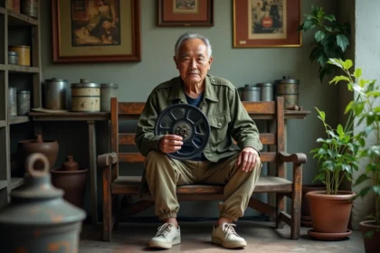 Homme vietnamien assis avec bobine de film vintage