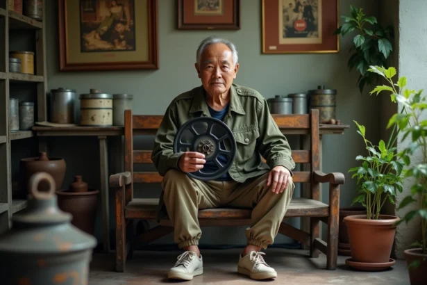 Homme vietnamien assis avec bobine de film vintage