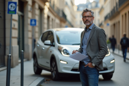 Homme en veste casual avec voiture électrique à Paris