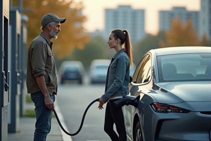 Homme d'âge moyen près d'une voiture diesel à une station de recharge urbaine