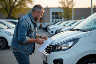 Homme d'âge moyen inspectant une voiture d'occasion en concession