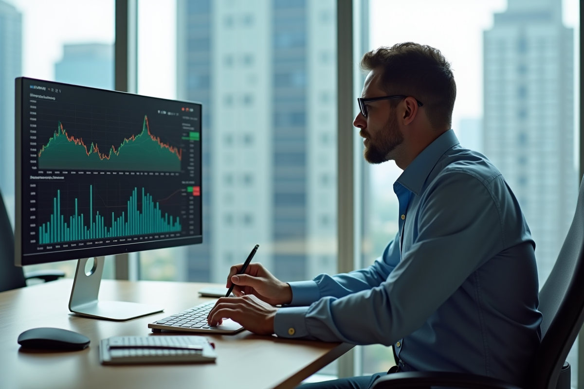 Homme analysant des graphiques financiers au bureau