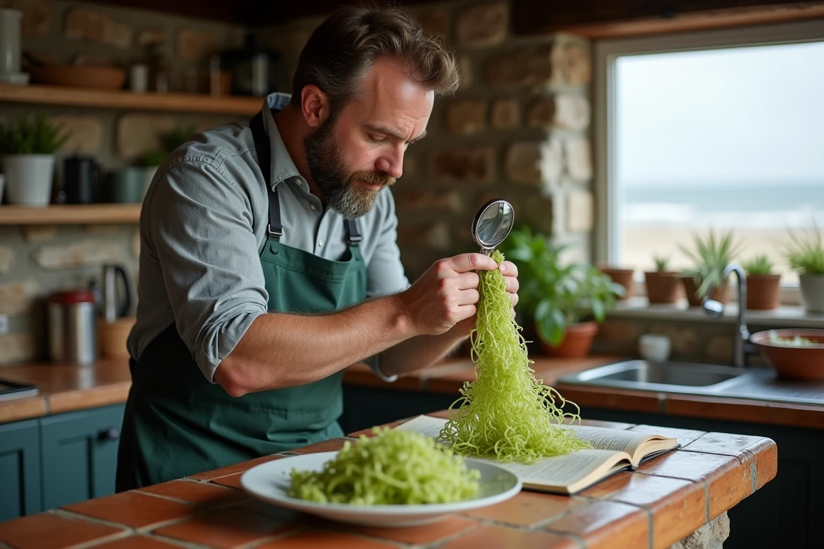 Homme identifiant une algue comestible à l'aide d'un guide botanique dans une cuisine de bord de mer