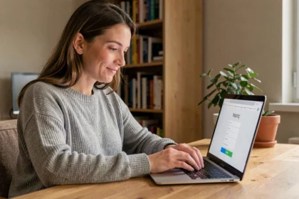Femme créant un compte sur une plateforme de shopping en ligne Hacoo SaraMart depuis son bureau à domicile