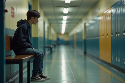Adolescent pensif assis dans un couloir d'école