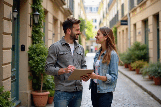 Jeune couple souriant devant maison à vendre en France