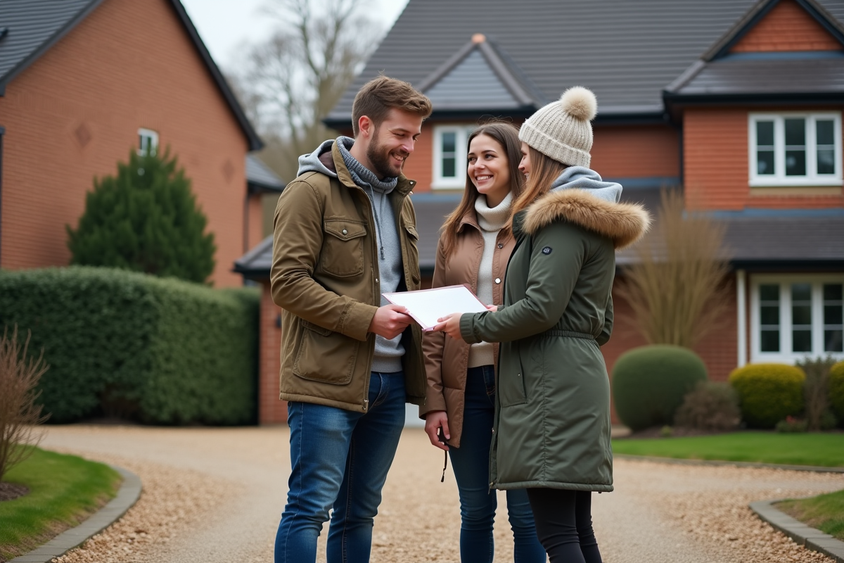 Jeune couple recevant un document chez un notaire devant leur maison