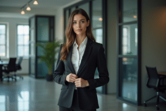 Jeune femme en costume d'affaires dans un bureau moderne