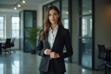 Jeune femme en costume d'affaires dans un bureau moderne