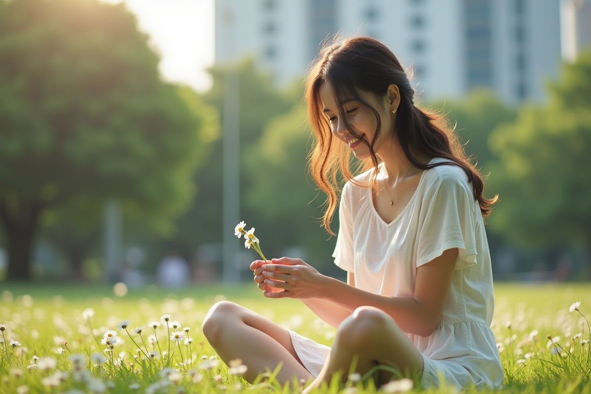 Jeune femme dans un parc urbain tressant des marguerites