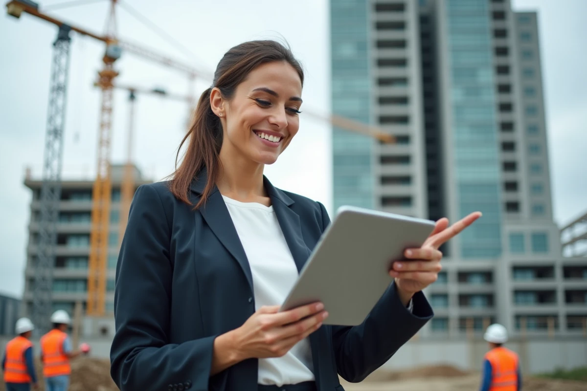 Jeune femme avec tablette sur un chantier de construction
