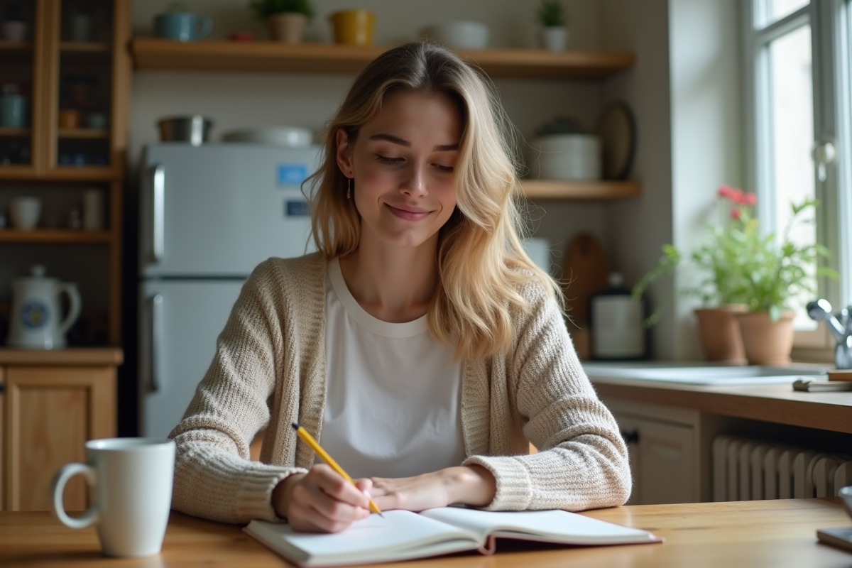 Jeune femme écrivant dans un carnet à la maison
