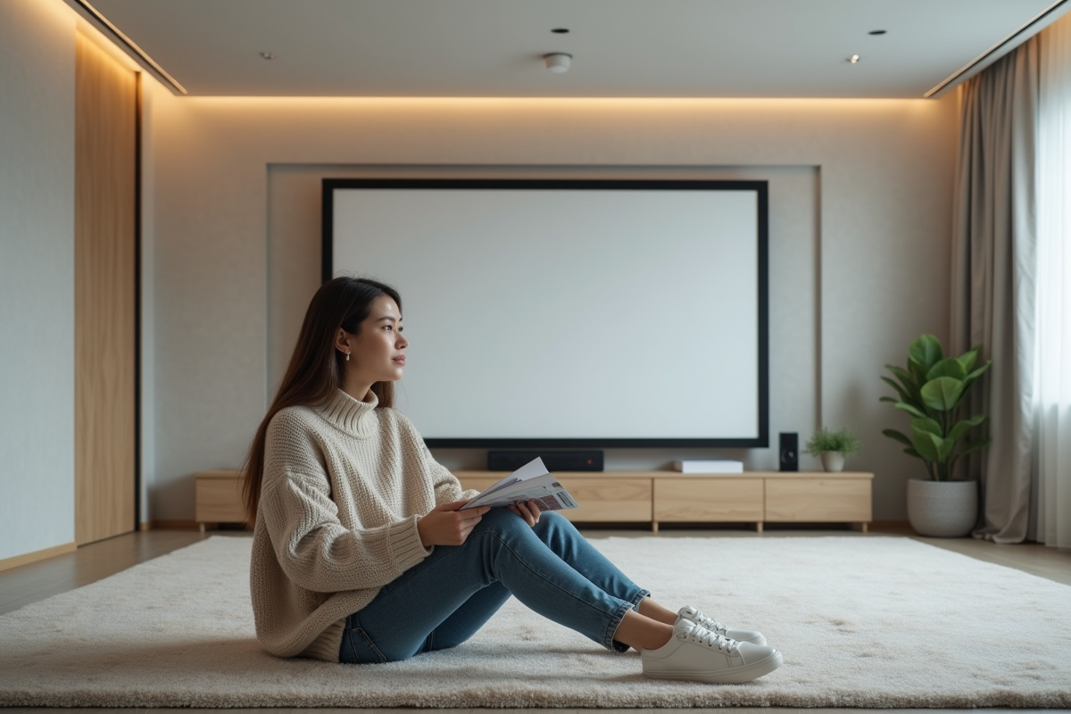 Jeune femme assise sur un tapis dans un salon cinéma minimaliste