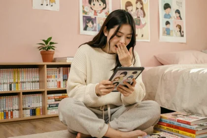 Jeune femme lisant un manhwa coréen sur tablette dans une chambre cosy décorée de posters et de livres