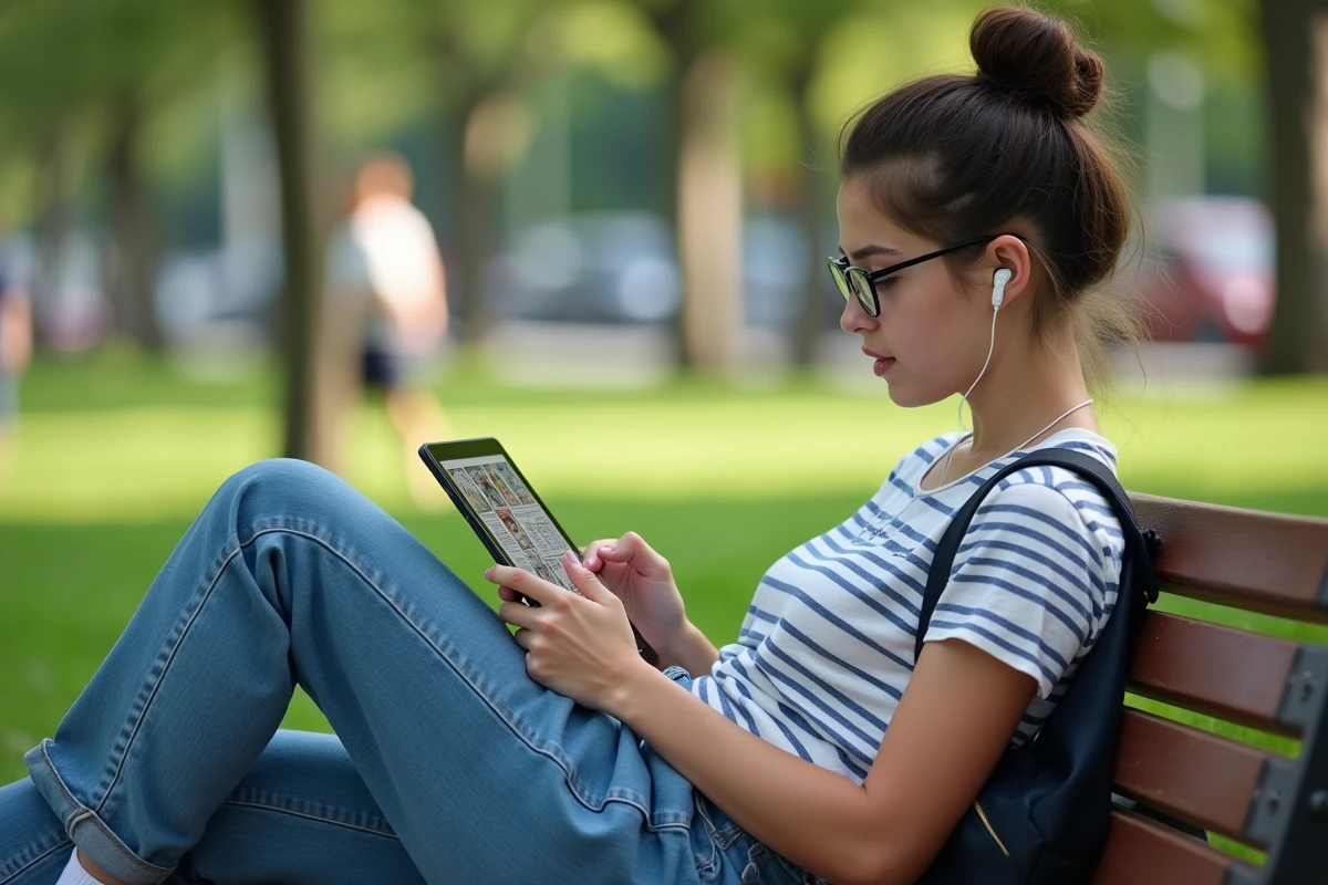 Jeune femme lisant des bandes dessinées sur une tablette dans un parc