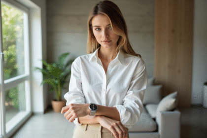 Jeune femme ajustant une montre dans un appartement moderne