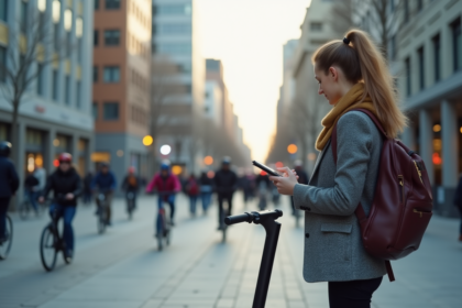 Jeune femme scannant un QR code sur un scooter électrique en ville