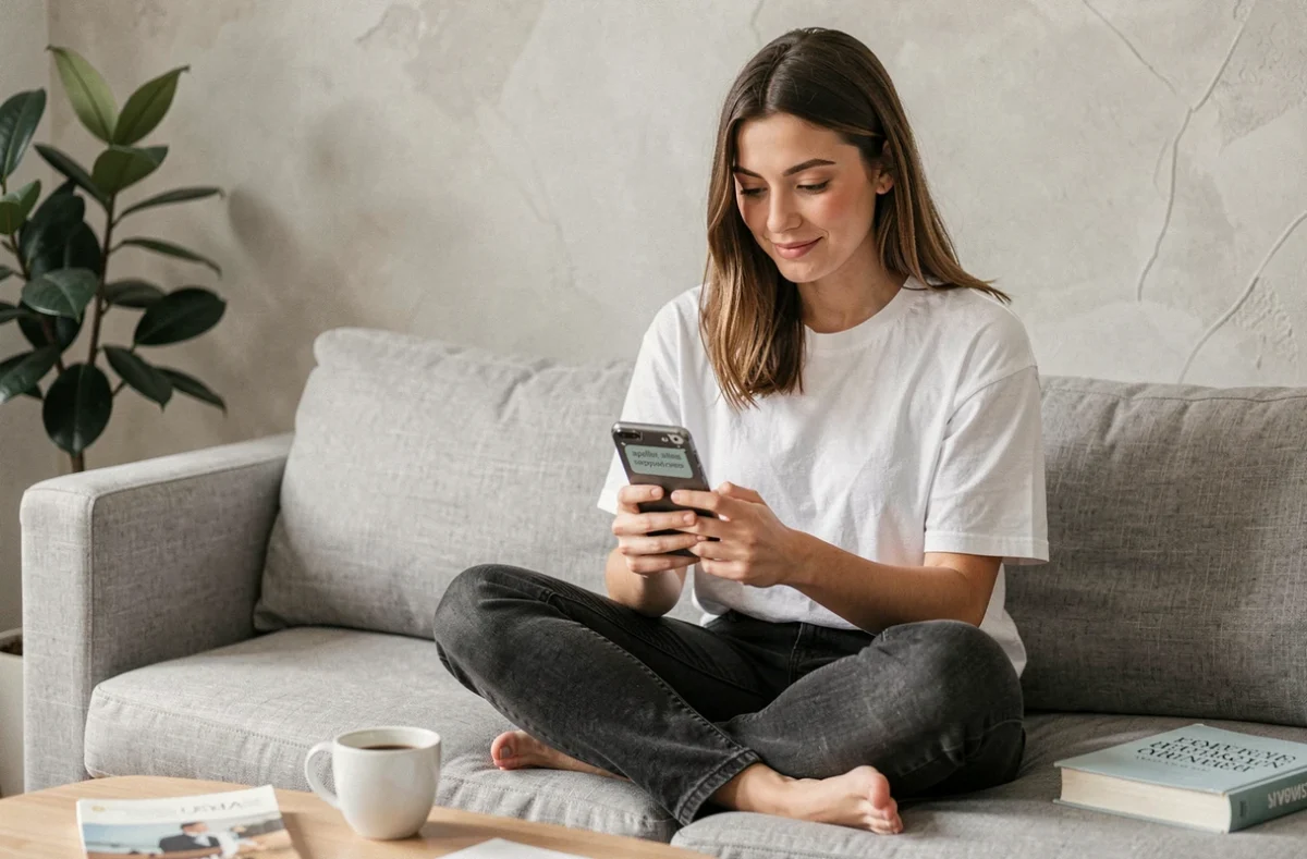 Jeune femme consultant son smartphone pour vérifier l'orthographe correcte d'appelle-moi dans une application de grammaire française