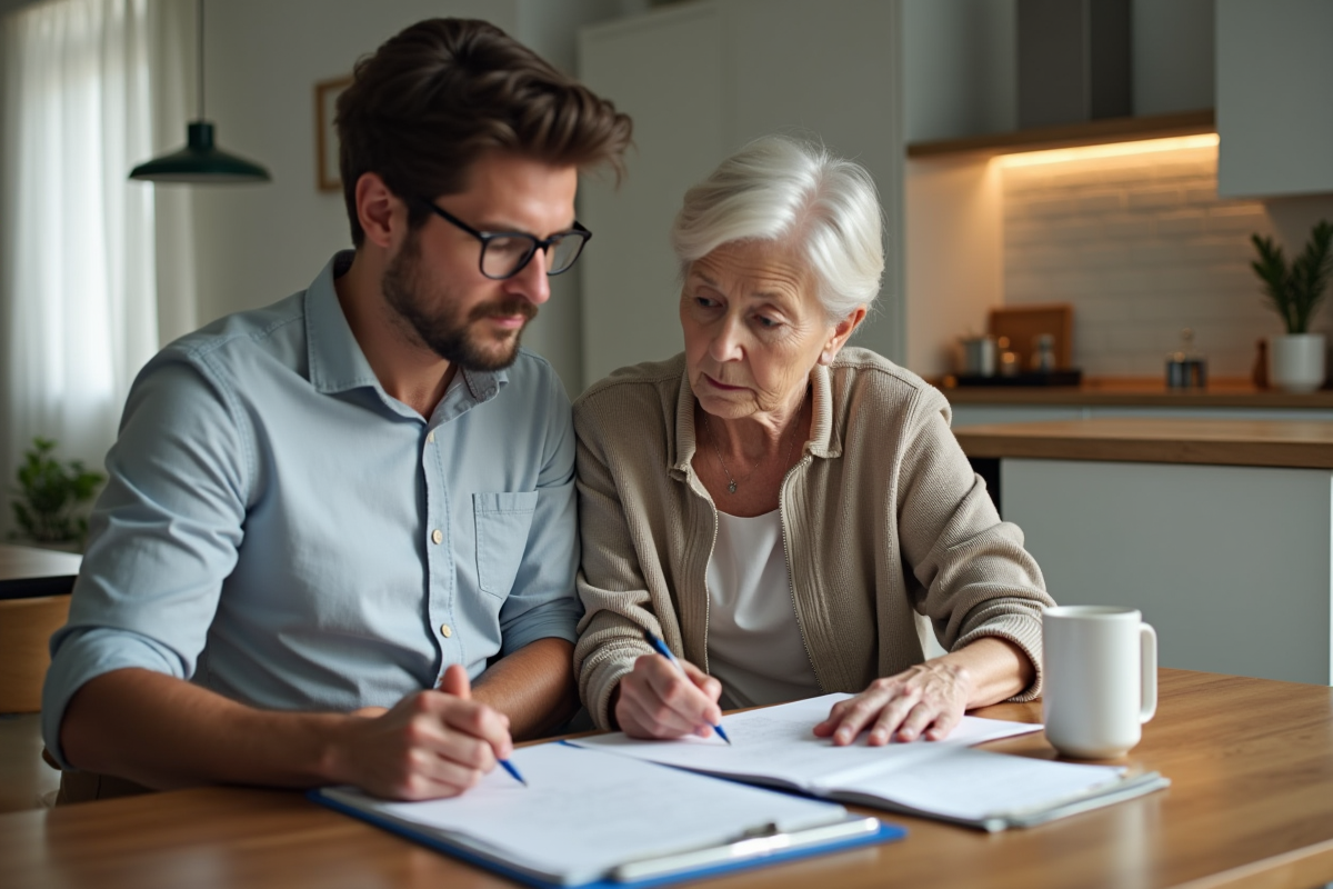 Jeune homme aidant une femme âgée avec des papiers