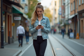 Jeune femme en denim marche dans la ville urbaine