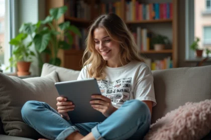 Jeune femme lisant des webtoons sur une tablette dans un salon cosy