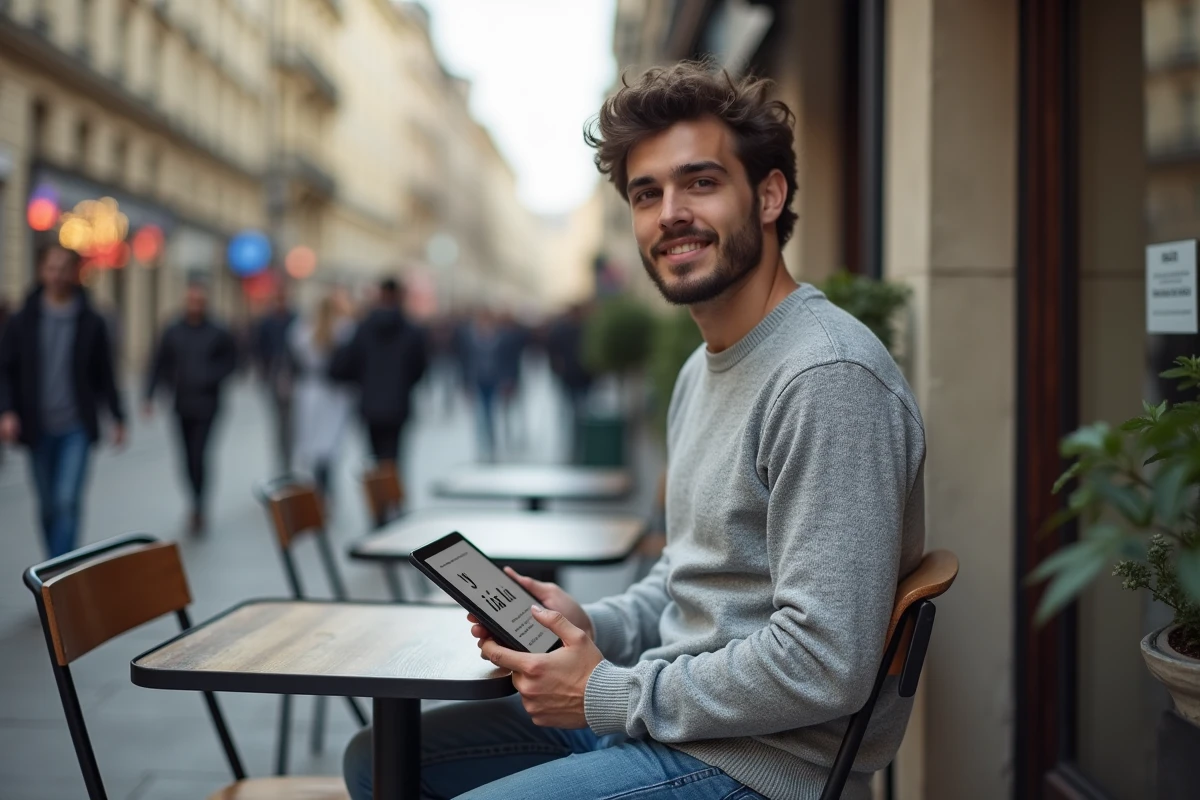Jeune homme français utilisant une tablette en extérieur