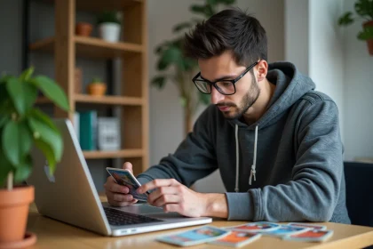 Jeune homme lisant des codes Pokémon Card Game en intérieur