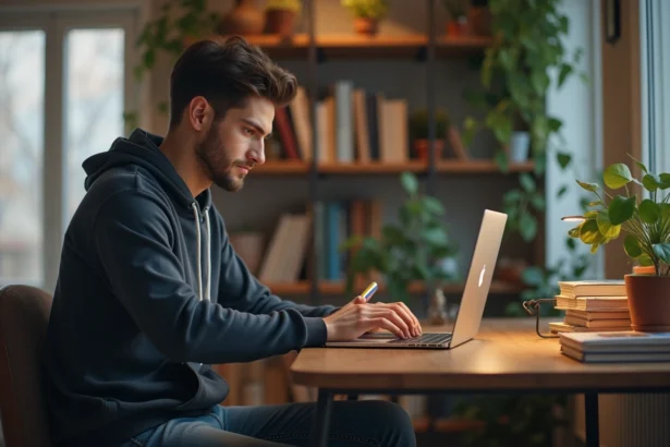 Jeune homme concentré sur son ordinateur portable dans un appartement cosy
