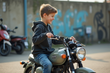 Adolescent souriant examinant une moto 50cc en ville