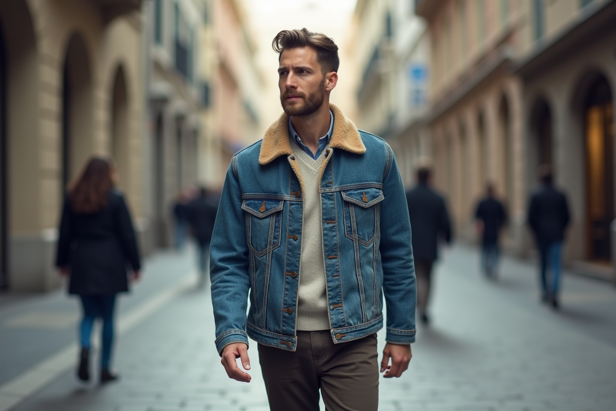 Jeune homme marchant dans la ville avec veste vintage