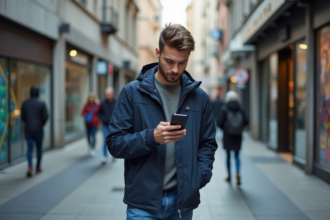 Jeune homme en ville regardant son smartphone