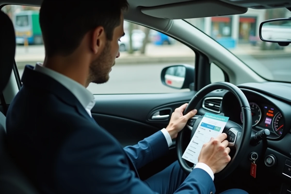 Jeune homme en costume dans une voiture regardant un plan de bus