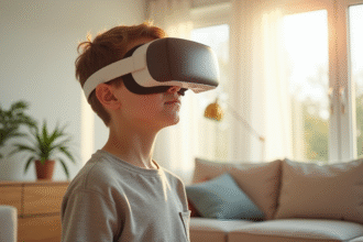 Jeune personne portant un casque VR dans un salon lumineux