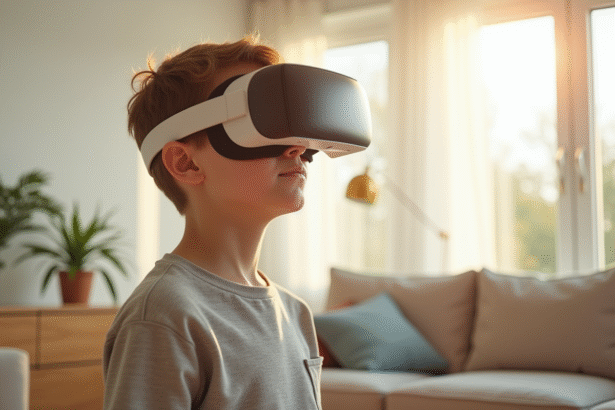 Jeune personne portant un casque VR dans un salon lumineux