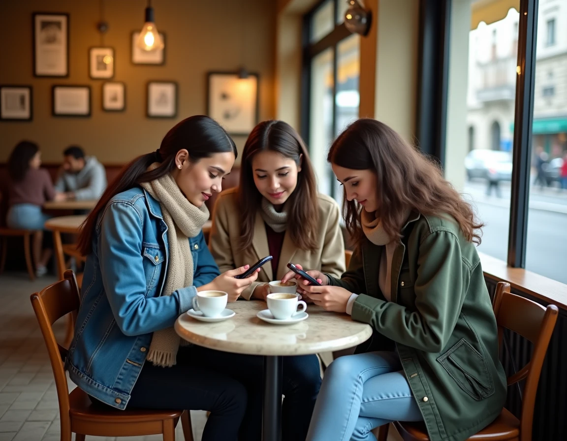 Trois jeunes adultes dans un café parisien discutant et consultant des réseaux sociaux politiques sur leurs smartphones
