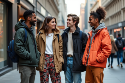 Jeunes adultes en streetwear dans une ville animée
