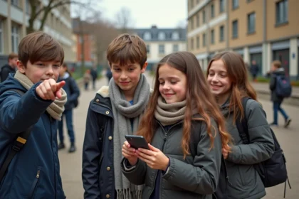 Groupe de collégiens français en récréation dans la cour