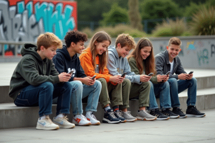 Jeunes divers assis dans une cour urbaine dynamique