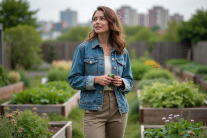Jeune femme en denim recyclé dans un jardin communautaire
