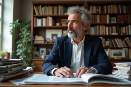 Homme d'âge moyen réfléchissant dans son bureau avec journaux