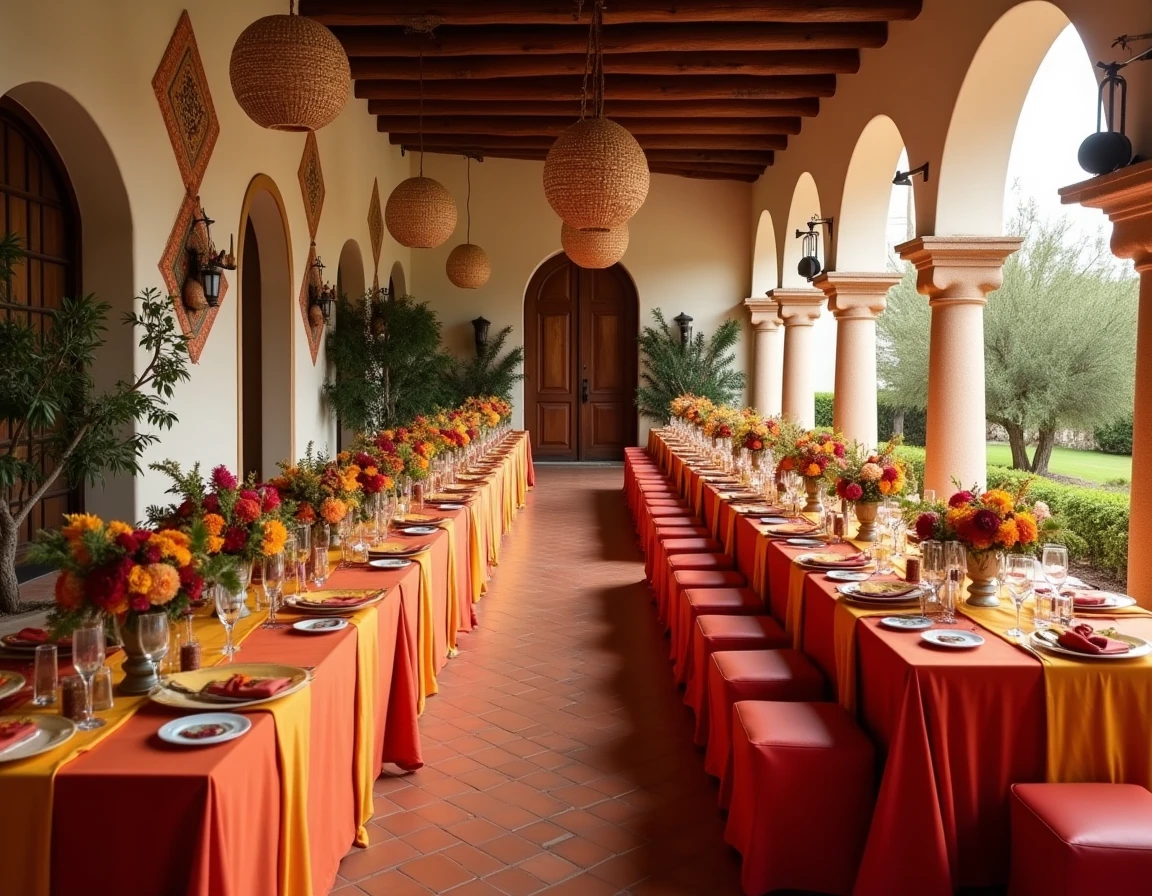 Salle de réception La Casa Caliente avec décoration espagnole colorée, carrelages terracotta et tables festives